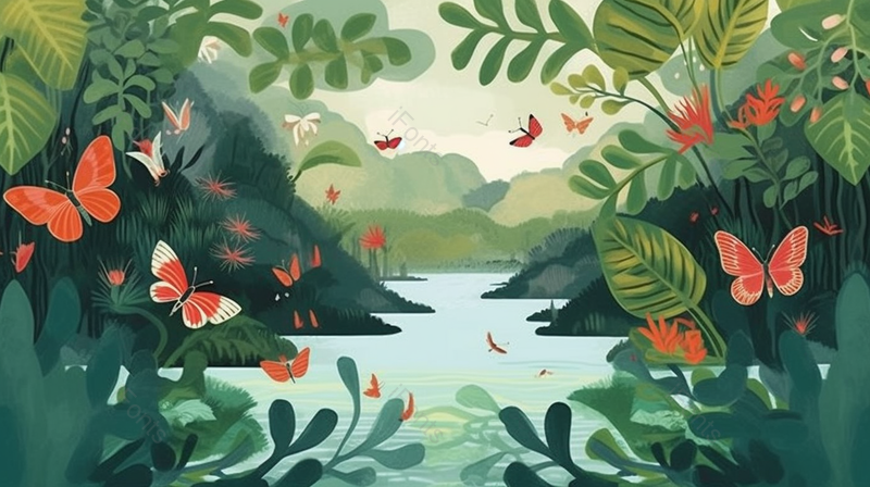 绿色盛夏的季节池塘里荷叶荷花蜻蜓生态插画背景,插画/手绘图,插画/手绘图库,插画/手绘图下载,插画/手绘